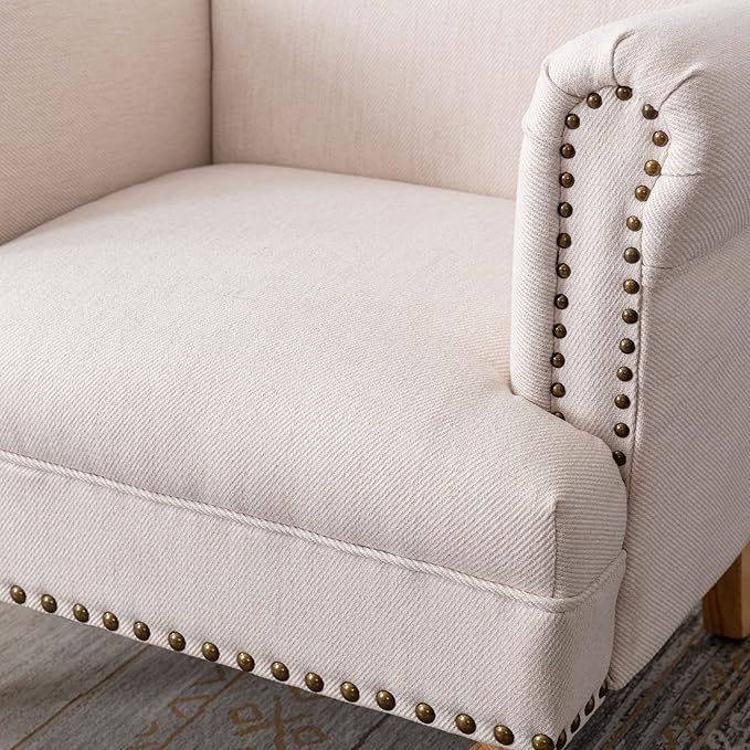 Beige Linen Fabric Accent Chairs Set of 2 Modern Farmhouse Upholstered Armchairs with Nailhead Trim &amp Ball Turned Legs French Country Club Chairs for Living Room Bedroom Guest Room