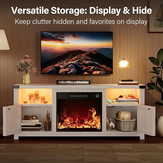 YESHOMY LED Fireplace TV Stand with Mood Lighting TV Cabinet with Open Shelf Farmhouse Media Console with Hidden Cable Routing Entertainment Center for Televisions up to 65+ Inch White