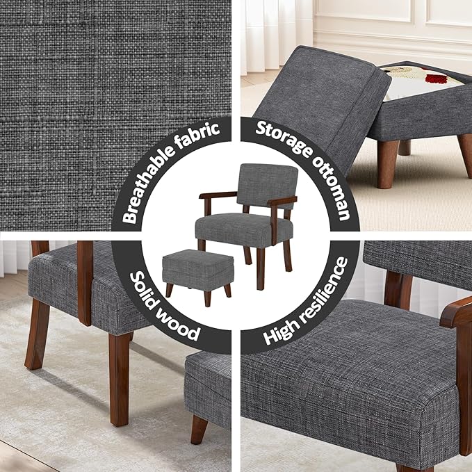 Accent Chairs with Adjustable Ottoman Comfy Arm Footrest Set Storage Footstool Sofa Armchair with Footrest Lazy Chair Set for Living Room/Bedroom/Reading Room Light Gray