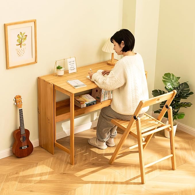 Bamboo Foldable Desk Small Folding Computer Desk with Hidden Storage Space Saving Study Table Fold Out Tables for Small Spaces Home Office Apartment (Natural)