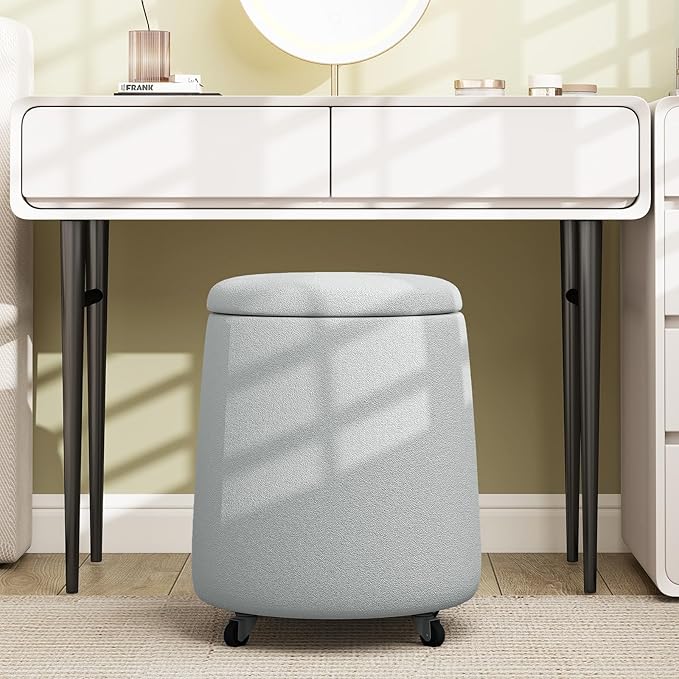 Storage Ottoman with Wheels 15W Swivel Rolling Foot Stool Boucle Terry Fabric Coffee Table Ottoman with Hidden Storage Round Vanity Stools for Makeup Room Living Room Bedroom Entryway Dorm Grey