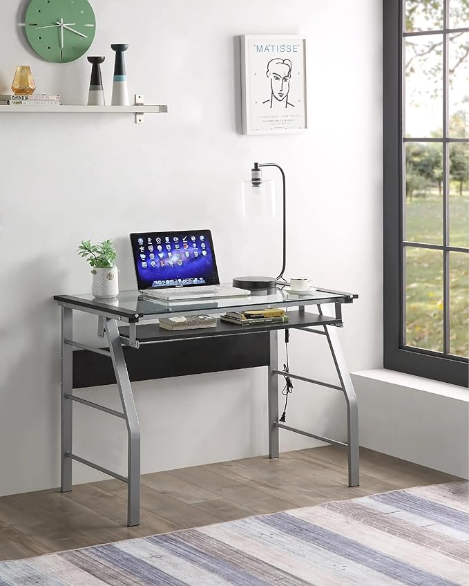 KB Designs - Silver Metal/Clear Glass Home Office Computer Desk