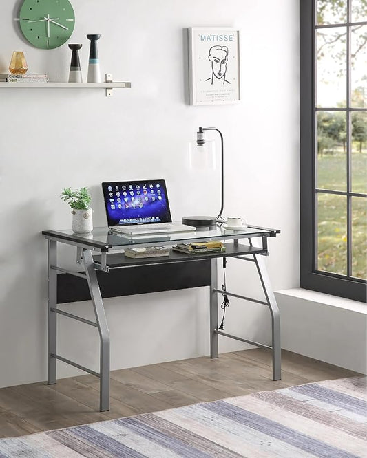 KB Designs - Silver Metal/Clear Glass Home Office Computer Desk