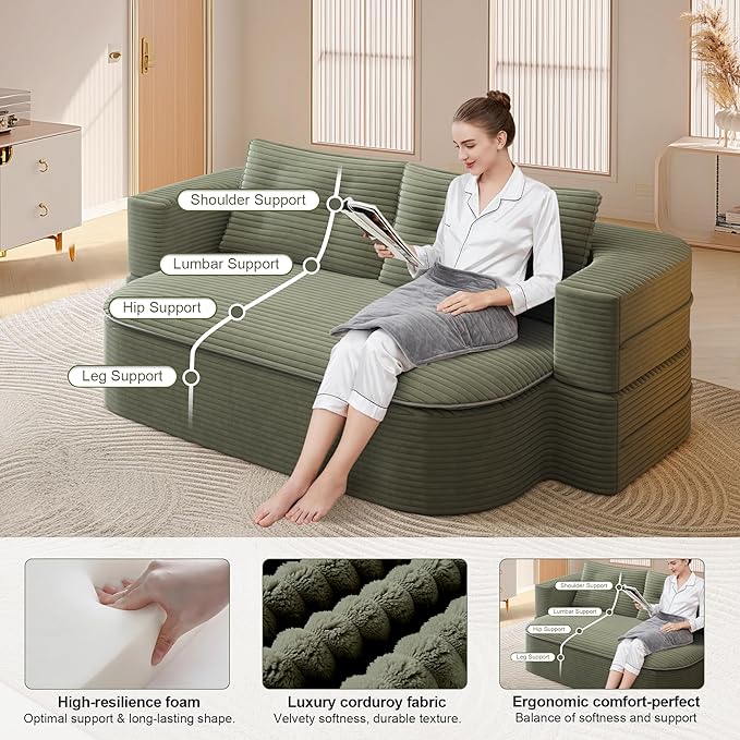 78.7'' Convertible Sleeper Sofa Corduroy Floor Foam Compression Loveseat Sofa Bed Couch Modern Folding Futon Couch Foldable Full Size Guest Bed with 2 Pillows and Blanket for Living Room (Green)