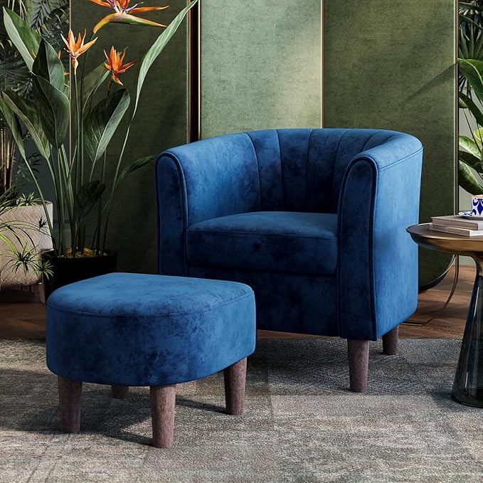 LINSY Accent Chair with Ottoman Modern Barrel Chair Small Armchair Reading Chair with Footrest Comfy Round Arms Chair for Living Room Bedroom Reading Room Velvet Blue