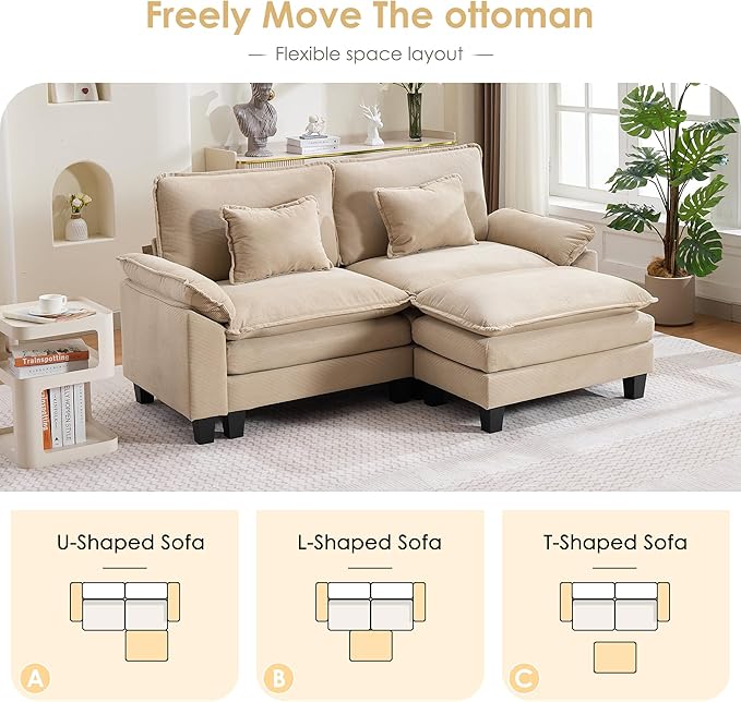 87 Corduroy Modular Sectional Sofa Convertible L Shaped Modular Sofa Comfy Cloud Couch with Ottoman Side Pockets and 2 Throw Pillows for Living Room Kahki 3 Seats