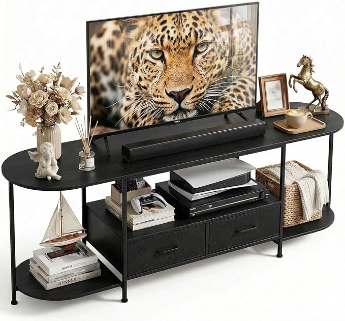 63 TV Stand for TVs up to 75 Inches Curved Edge Media Console &amp Entertainment Center with 2 Fabric Drawers Modern TV Console Table for Living Room or Bedroom Black