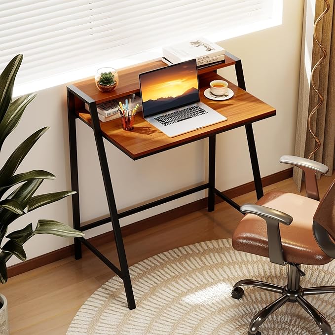Giantex Small Computer Desk 31.5 Compact Home Office Desk with Monitor Stand &amp Sturdy Frame 2-Tier Space-Saving Study Writing Desk for Small Spaces Apartment and Bedroom (Walnut)