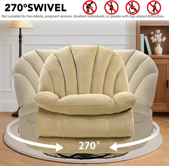 EONIX Dual Motor Power Swivel Rocking Recliner Chair for Living Room Armless Oversized Shell Shape Lazy Boy Rocker Recliner Plush Fabric Thickened Cushion Elevated Soft and Comfort Beige