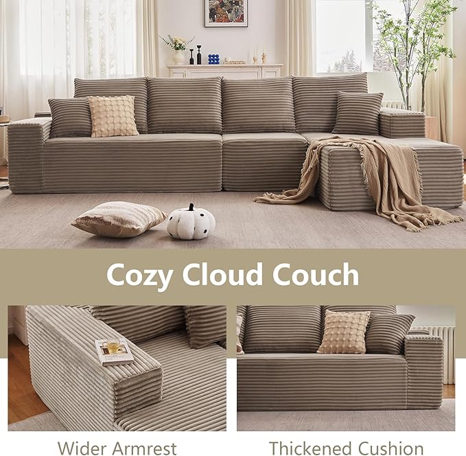 135 Cloud Sectional Couch with L-Shape Chaise Modern Modular Comfy Sofa Chaise Longue Upholstered Corduroy Couches Sleeper with Deep Seat for Living Room Bedroom No Assembly Required Camel
