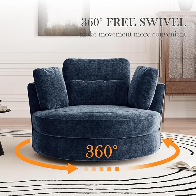 Aoiy &amp Wifon 50'' W Oversized Swivel Barrel Chair with Storage Ottoman Navy Round Swivel Accent Chair with Half Moon Ottoman for Living Room Deep Seat &amp Extra Wide Chenille