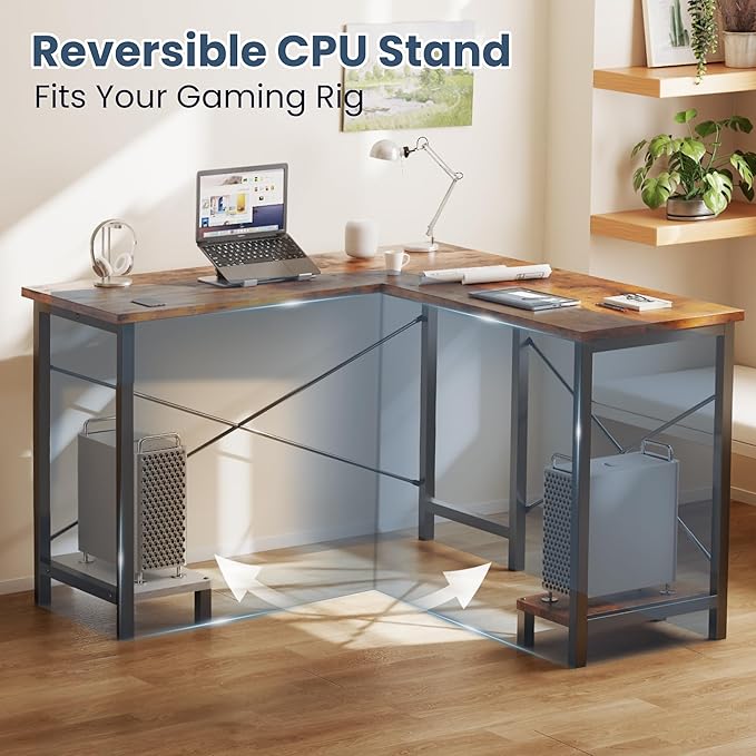 DUMOS L Shaped Desk Computer Gaming Desks Corner Office Table with CPU Shelf for Home Study Writing Work Station 50 Inch Rustic Brwon