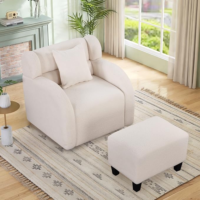 Swivel Accent Chair with Ottoman Teddy Short Plush Particle Velvet Armchair360 Degree Swivel Barrel Chair with Footstool for Living Room Hotel Bedroom Office LoungeWhite