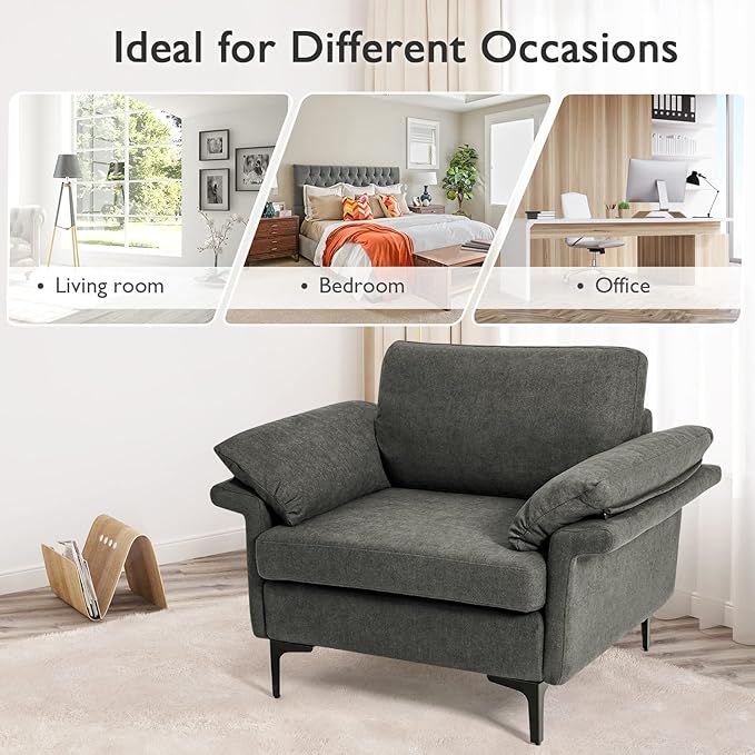 Giantex Set of 2 Single Sofa Accent Chair with 5 Inch Comfy Cushion Zippered Armrests Steel Legs Living Room Armchair Upholstered Leisure Chair for Bedroom Reception Room Grey