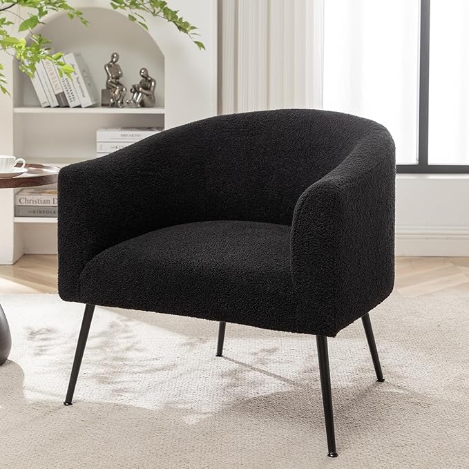 Modern Sherpa Boucle Accent Chair Upholstered Comfortable Armchair with Thicken Cushion Black Metal LegsComfy Reading Chairs for Living Room Bedroom Office(Black)