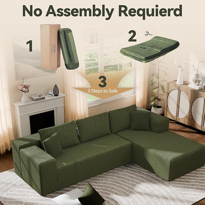 106 Modular Sectional Sofa Green Wool Cloud Couch with Left Chaise Deep Seat Boneless Floor Sofa for Living Room High-Resilience Foam Support No Assembly Required Includes Pillows | Sectional So