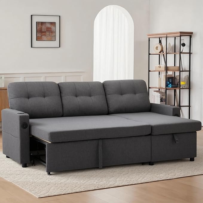 82 Pull Out Sofa BedL-Shape Modern Sleeper Sofa Upholstered Sectional Couch with USB Port and Side Pockets for Living RoomGuest Room (Dark Grey)