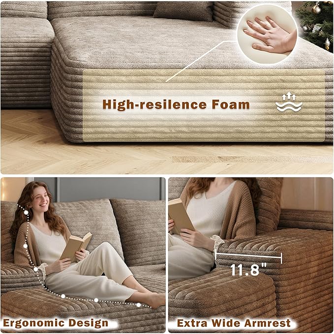 108 W Corduroy Sectional Boneless Cloud Couch with Chaise No Assembly Required L Shaped Modular Sectional Sofa Oversized Cozy Fluffy Sofa for Living Room (Camel Right Facing Chaise) | Compression