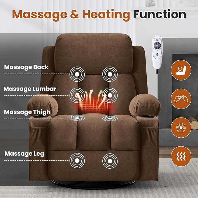 Massage Recliner Chair with Vibration Massage and Lumbar Heating for Living Room Swivel Rocker Recliners Single Sofa with Side Pocket &amp 2 Cup Holders Soft Comfort Ergonomic Design (Brown)