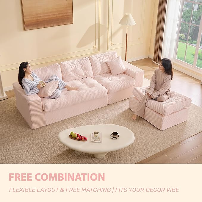 Modular Sectional Sofa 102” L-Shaped Corduroy Couch with Ottoman Deep Seat Comfy Sectional for Living Room Set of Soft Upholstered Cloud Couch for Apartment Pink