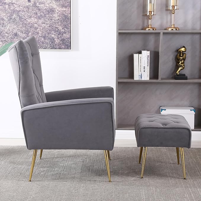 Velvet Accent Chair with OttomanUpholstered Tufted Wingback Arm Chair Modern Decorative Chairs with Gold Metal Legs for Bedroom Living Room (Grey1 Chair)