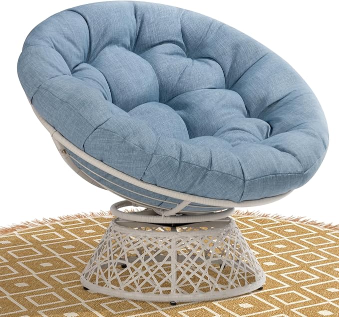 Bme 40 Ergonomic Wicker Papasan Chair with Soft Thick Density Fabric Cushion High Capacity Steel Frame 360 Degree Swivel for Living Bedroom Reading Room Lounge Serene Oasis - White Base