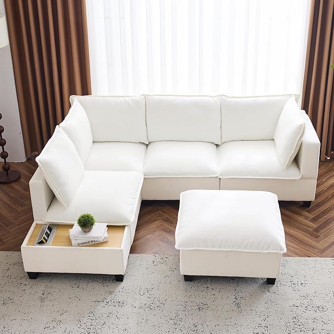 Merax Modern 90 U-Shaped Chenille Sectional Sofa Set Modular Sofa Couch with a Movable Ottoman a Coffee Table with Hidden Charging Devices for Living Room White
