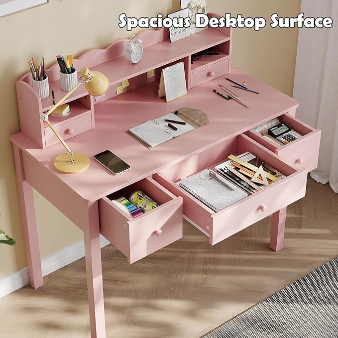 Pink Writing Desk with Hutch &amp 5 Drawers - 40 Inch Modern Computer Workstation for Home Office Teen Desk Small Study Desk Ideal for Gift