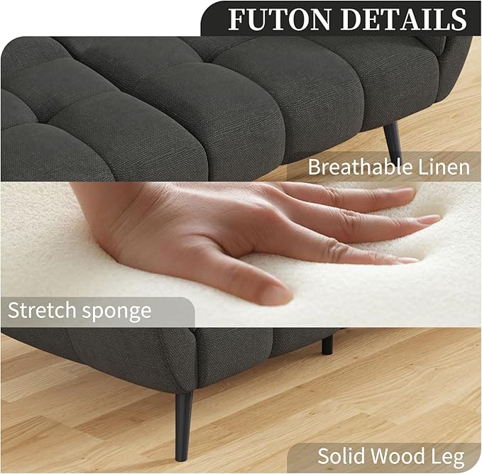 Futon Sofa Bed Convertible 77 Modern Linen Futon Couch Comfy Sleeper Sofa with Adjustable Backrests Couch Bed for Small Spaces Living Room Bedroom Apartment Dark Gray