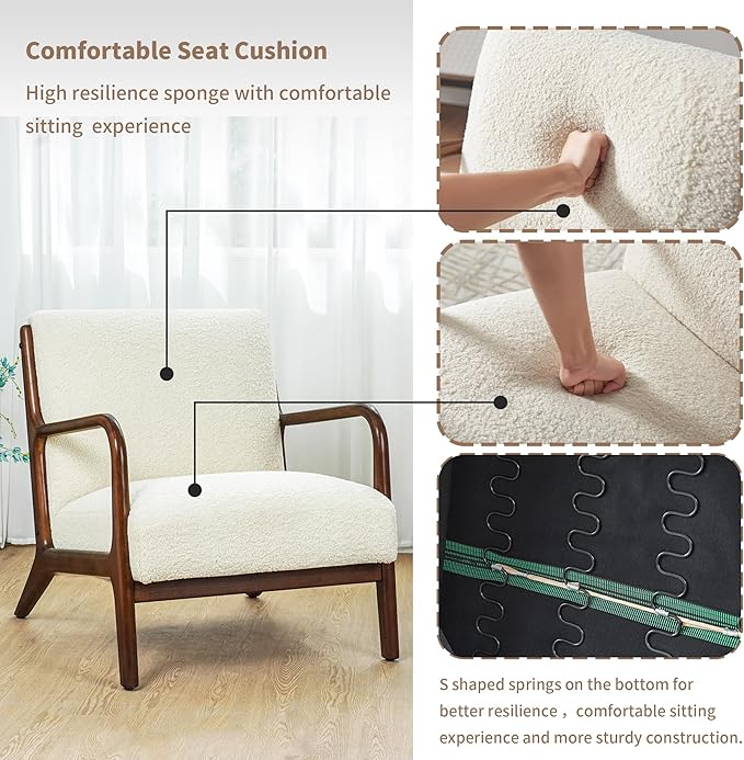 Mid-Century Modern Accent Chair with Cushions Solid Wood Frame Lounge Single Chair for Living Room Bedroom Office Designer StyleLambswool Beige White