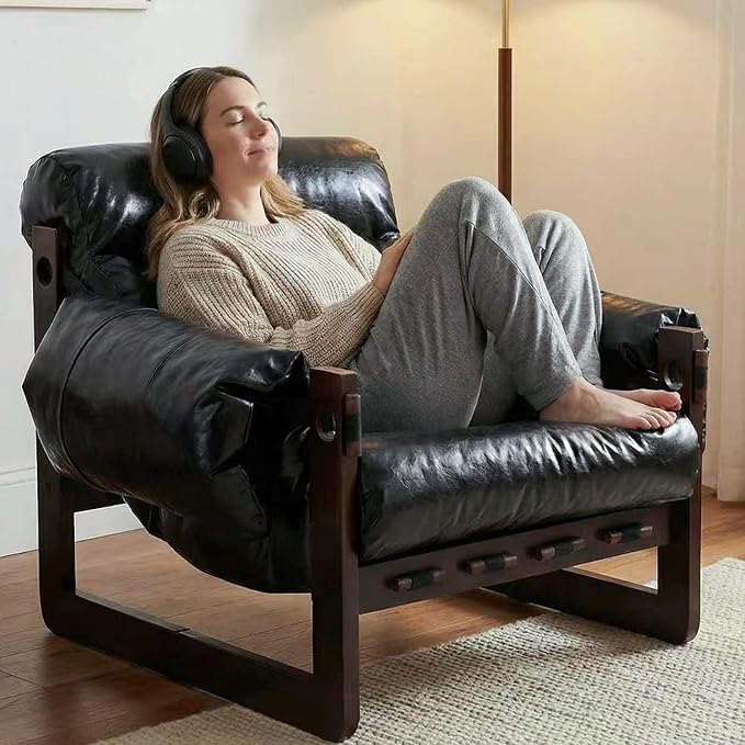 Modern Leather Accent Chair Mid Century Reading Chair with Solid Wood Frame and Removable Padded Armrests Upholstered Armchair with Soft Cushion for Bedroom Balcony Lounge Reading Room Retro Black