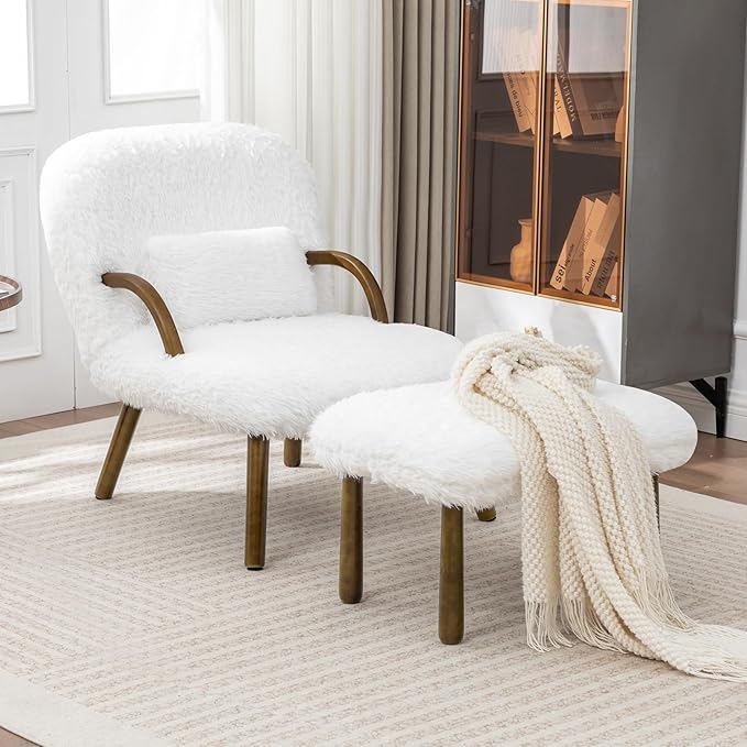Modern Corduroy Accent Chair with Ottoman White Upholstered Lounge Chair Set with Wood Arms Living Room Furniture 31.5 Height (Artificial Fur White)
