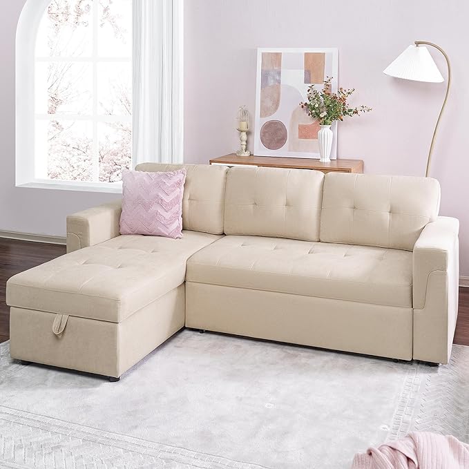 Naomi Home 85 in. Convertible Sofa with Storage Reversible L Shape Sofa Couch with Chaise Comfy Couches for Living Room Beige/Velvet