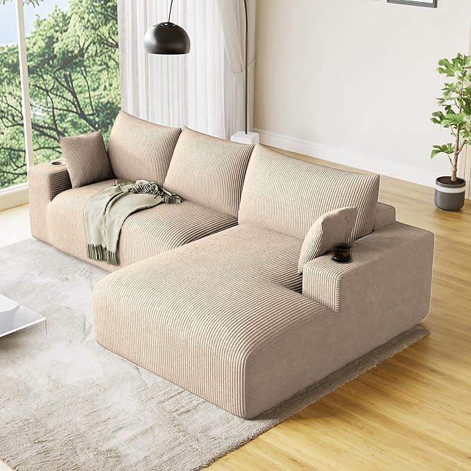 113 Modular Sectional Sofa Cloud Couch Modern Deep Seat Fluffy Corduroy Boneless Couch with Cup Holder Comfy L Shaped Sectional Couches for Living Room Bedroom. (Right Facing Camel)