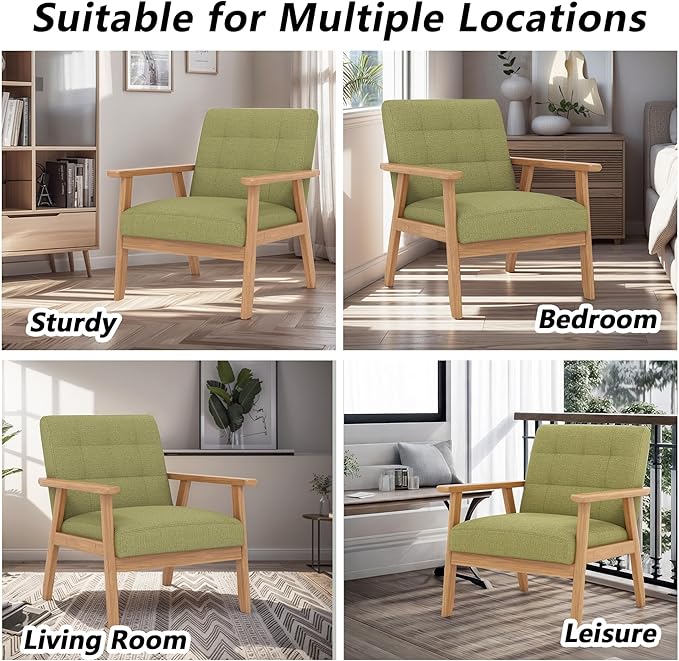 Modern Accent Chair with Wooden Table Upholstered Linen Fabric Leisure Side Chair with Arm Rest and Wooden Frame for Living Room Bedroom Reading (Green)