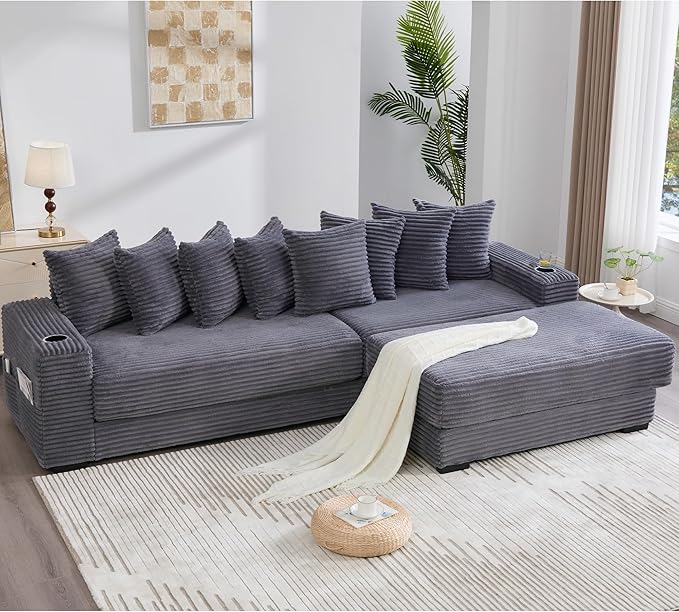 111 Inch Sleeper Sofa Bed | Convertible Cloud Sectional Couches for Living Room | L-Shaped Couch with Cup Holder Side Pocket 8 Pillpws | Dark Grey