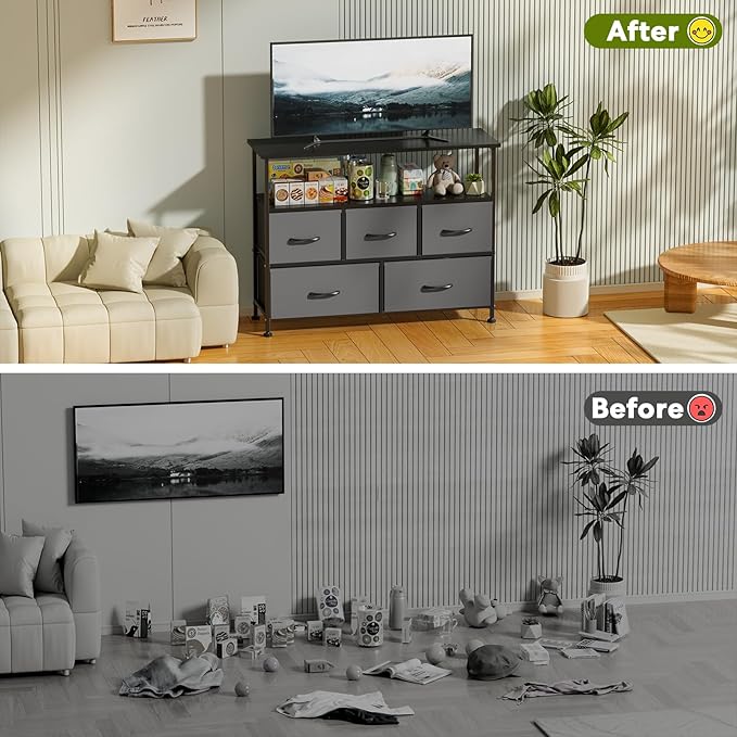 Simple Deluxe TV Stand Dresser for Bedroom Entertainment Center with 5 Fabric Drawers Storage Organizers Units for Living Room Media Console Table with Open Shelf up for 45 TV Gray Wood top