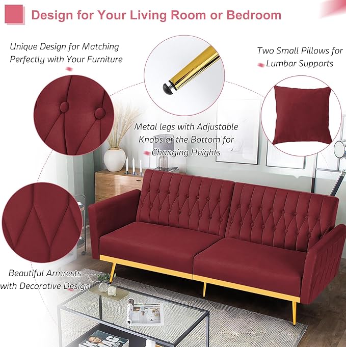 70” Velvet Futon Sofa Bed with 2 Pillows and Adjustable Armrests Convertible Sleeper Bed W/Adjustable Backrests Modern Loveseat for Living Room Bedroom Red