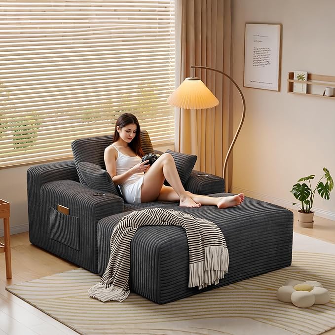 MoonSpeak 67 Boneless Reading Chair with Lounges Chaise Indoor Corduroy Cloud Couch with 1 Ottoman Upholstered Sleeper Sofa Bed with Wide Armrest and 3 Pillows for Living RoomReading Room (Gray)