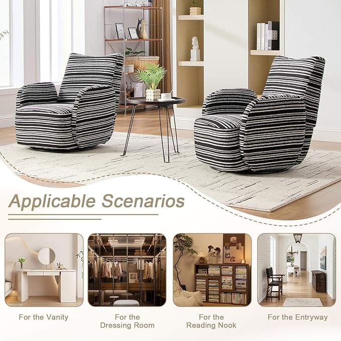 360° Swivel Accent Chair with Armrest Modern Striped Upholstered Lounge Chair Stable Round Base &amp Sturdy Metal Frame Armchair for Bedroom Living Room Office &amp Vanity (Black)