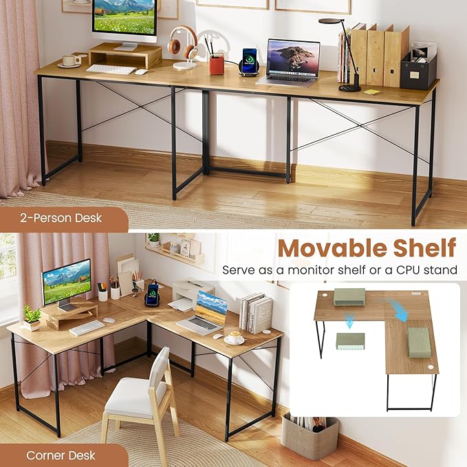 Tangkula L-Shaped Computer Desk with Power Outlets 95” Long 2-Person Desk with Monitor Shelf Modern Corner Desk Gaming Table with USB Ports for Home Office