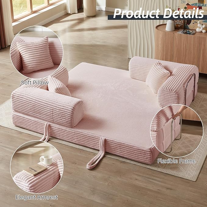 4-in-1 Convertible Folding Sleeper Sofa Bed Plush Corduroy Foldable Mattress Couch with Fixed-Shape Frame Floor Compressed Sofa for Living Room Bedroom (Pink)