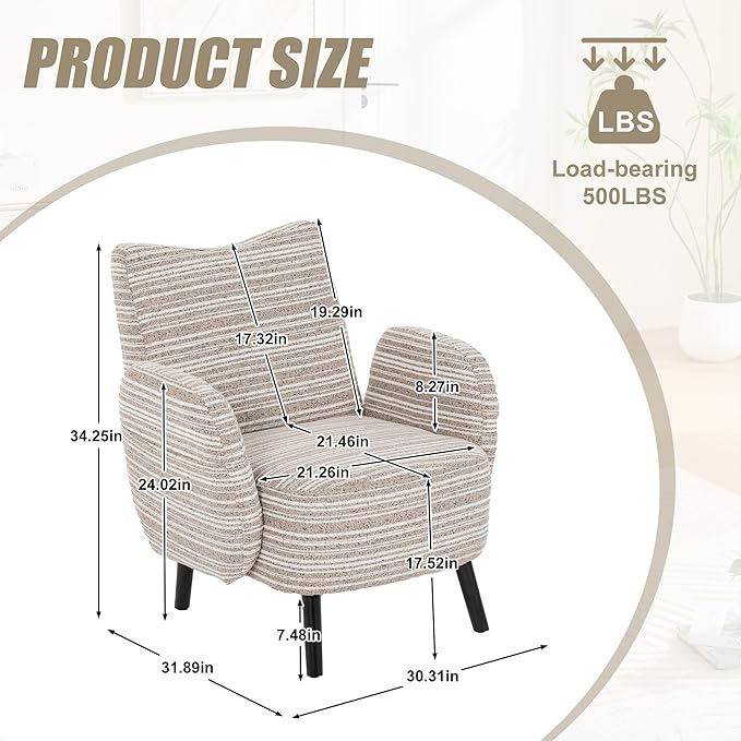 Modern Upholstered Armchair with Side Storage Pocket Fabric Reading Chair with Solid Wood Legs Ergonomic Accent Chair for Living Room Bedroom &amp Office (Khaki)