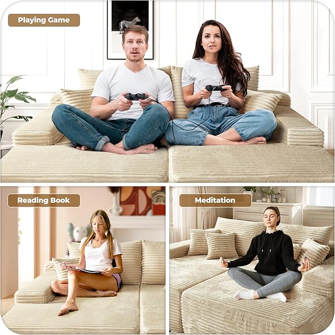 Oversized Chaise Lounge Sofa Indoor - 80 Cloud Sectional Couch Sofa BedLuxury Deep Seat Plush Corduroy Lounge Chair Sleeper Sofa for Living Room Bedroom (Beige2PCS)