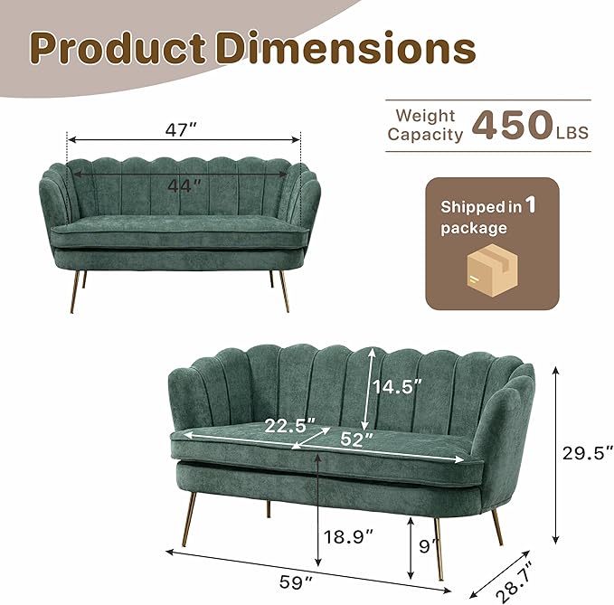 Mlmh &amp Kngwa 59 Small Chenille Loveseat Sofa 2 Seater Couch Settee with Gold Metal Legs Comfy Upholstered Floral Mini Sofa for Bedroom Living Room Apartment Green