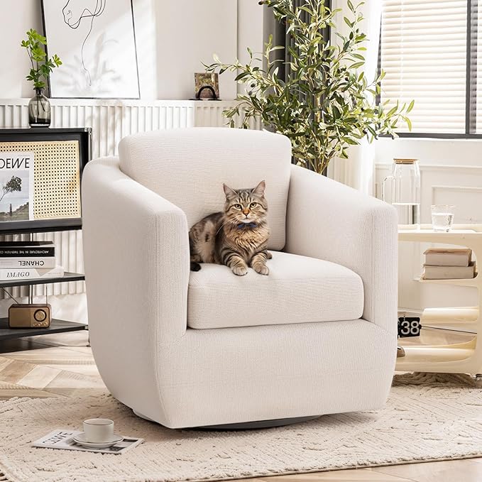 COLAMY 360° Swivel Accent Chair No-Sag Foam &amp Sturdy Metal Base Fully Assembled Living Room Armchair with Pillow Swivel Accent Single Sofa for Bedroom Living Room Reading Room Beige