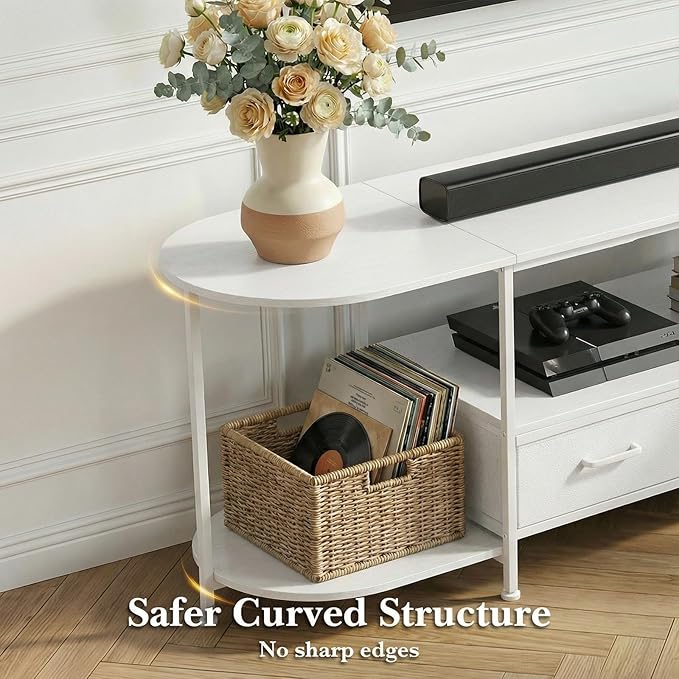 63 TV Stand for TVs up to 75 Inches Curved Edge Media Console &amp Entertainment Center with 2 Fabric Drawers Modern TV Console Table for Living Room or Bedroom White