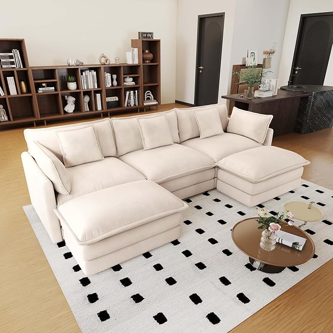 111.5 Chenille Modular Sectional Sofa Comfy Cloud Couch Sectional Sofa Modern 3 Seat Couch Deep Seat Sofa for Living Room Bedroom Apartment (Light Coffee 111.5Inch-U Shape)