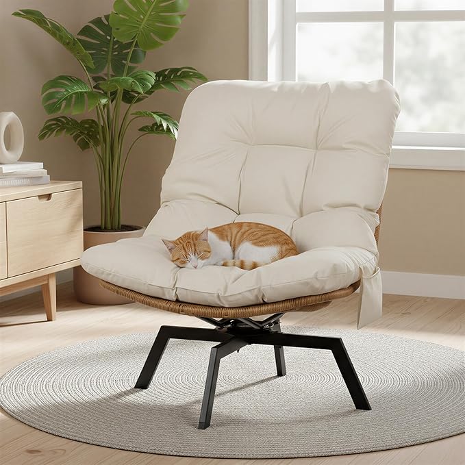 JAMFLY Accent Chair Modern Wicker Swivel Living Room Chairs with Oversized Seat &amp Cushion Papasan Chair Metal Frame Phone Pocket for Bedroom Study Balcony Beige
