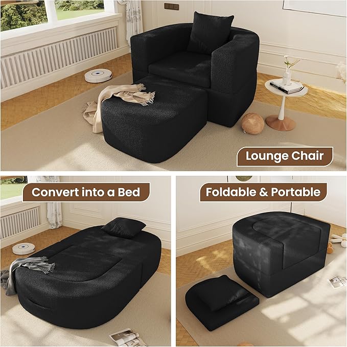 WJShome Boneless Chaise Lounge Sofa Bed Chair Indoor 3 in 1 Convertible Lounge Chaise with No Frame Wide Reclining Floor Lounger for Reading Napping &amp Relaxation No Assembly Required Black